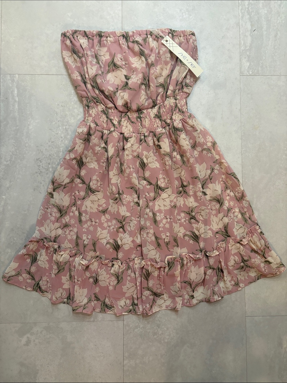 She + Sky Strapless Pink Floral Ruffle Dress